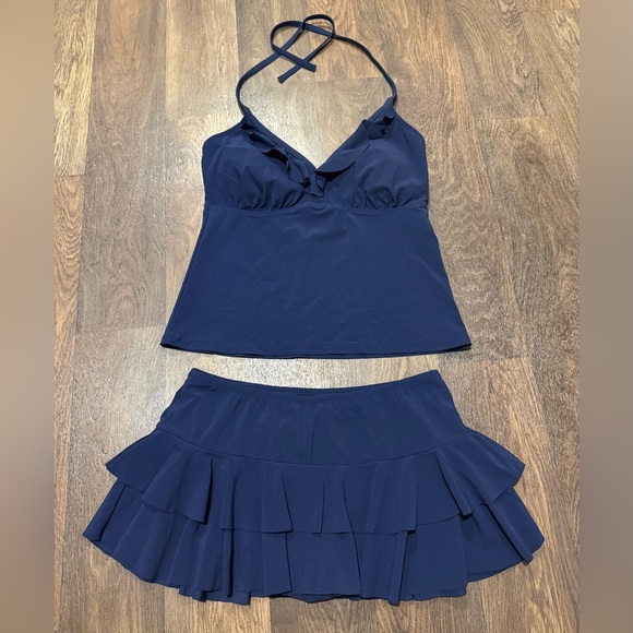 Land’s End Navy Blue Ruffle Tankini and Swim Skirt Size 6 - Picture 2 of 12